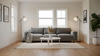 Fototapeta premium Cozy Living Room Interior Design with Gray Sofa, White Accents, and Natural Light Aesthetics