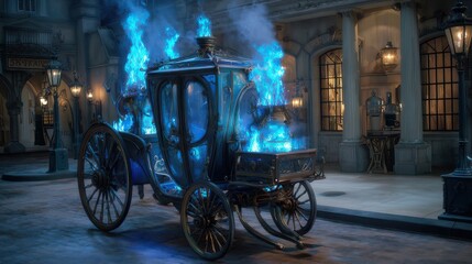 Glowing Blue Fantasy Carriage in a Moonlit Fairytale Forest