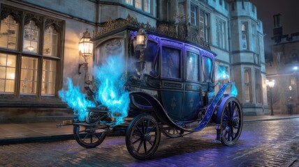 Magical Night Carriage with Floating Lights and Dark Atmosphere
Keywords: