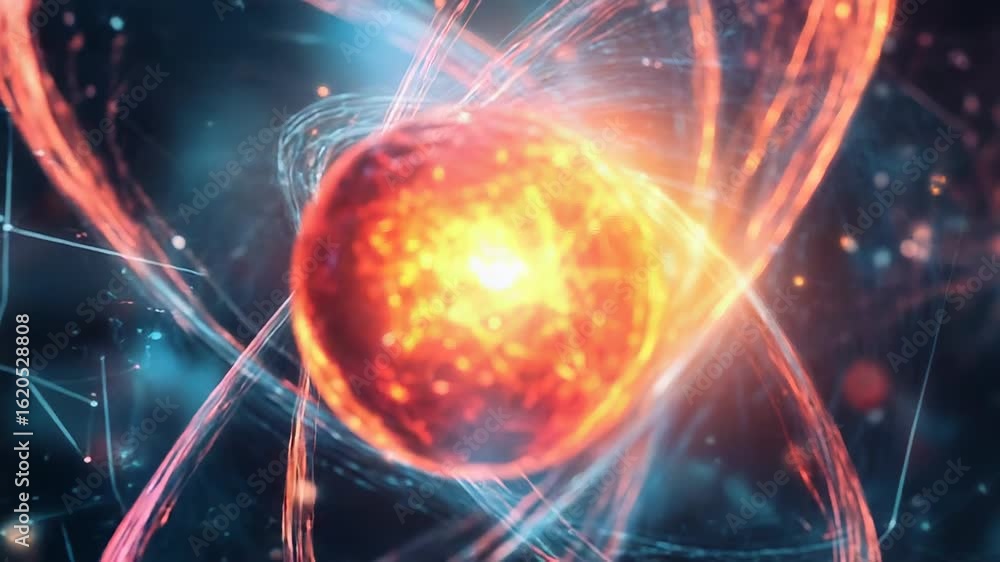 Poster atom nucleus orbiting electrons generating energy in quantum physics concept