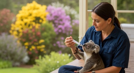 Woman sits on porch feeding baby koala with syringe, colorful garden behind. Wildlife rescue, animal care, veterinary service, Australia campaign, eco-education, animal protection, copy space