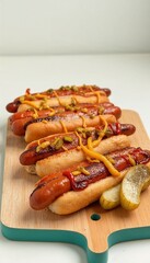Grilled hot dogs with ketchup, mustard, and pickles on a wooden cutting board