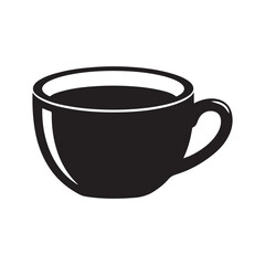Black and white vector illustration of a simple coffee cup or tea mug filled with a dark beverage, isolated on a white background, ideal for icons or design elements.