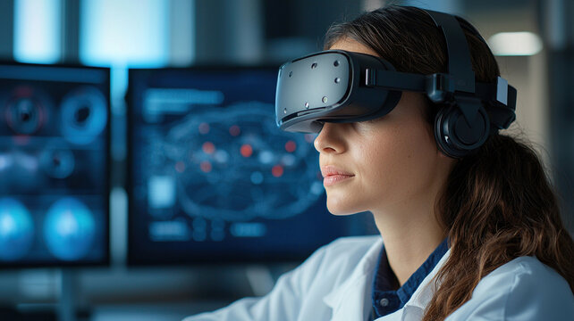 Woman wearing virtual reality headset in modern classroom, engaged in immersive learning experiences with digital displays around her - Powered by Adobe