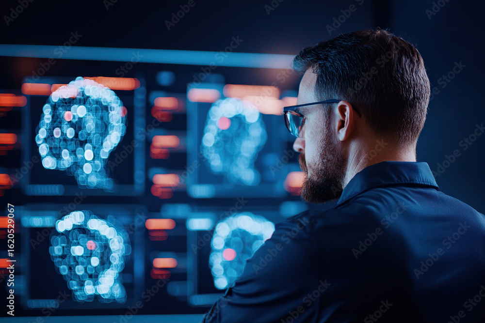 Poster cybersecurity training virtual lab showcases student analyzing data on digital screen, emphasizing t