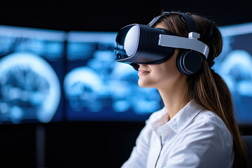 Woman wearing virtual reality headset and headphones engages in immersive technology, surrounded by digital screens displaying data