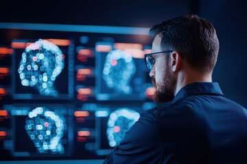 Cybersecurity training virtual lab showcases student analyzing data on digital screen, emphasizing technology and learning