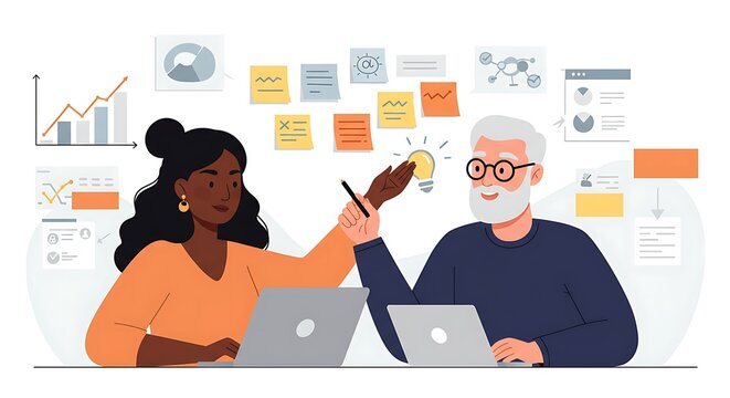 Team Brainstorming with Data Charts and Sticky Notes – Creative Collaboration in Office Setting