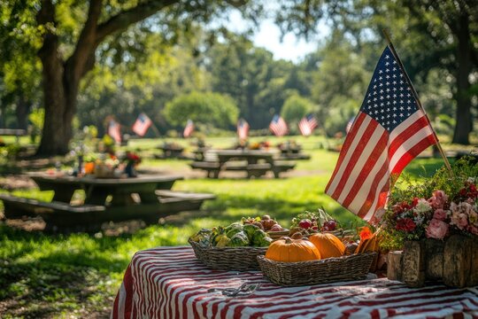 Labor Day celebration with American flags and family picnic outdoors - Powered by Adobe