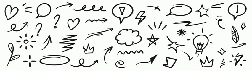 Hand-Drawn Doodle Icons: Arrows, Speech Bubbles, Stars, and More