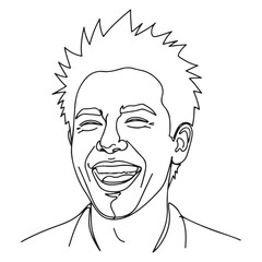 Joyful black and white minimalist line art illustration of a man laughing, expressing happiness and cheerfulness.