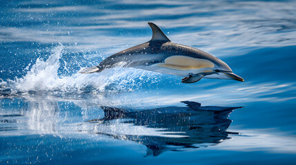 Fototapeta premium Playful Common Dolphin Leaping Gracefully Above the Crystal Clear Water in Vibrant Ocean Scene