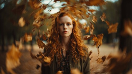 Serious red-haired woman standing in swirling autumn leaves in a park. Windy day, curly hair, calm face, golden fall tones. Concept of solitude, nature, elegance, seasonal beauty.