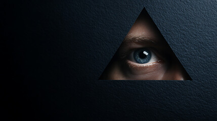 A vivid blue eye peers out from a triangular opening in a textured black surface, creating a striking image of hidden observation and mystery.