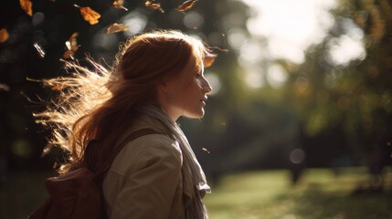 Young red-haired woman in beige coat with backpack walking through a sunlit autumn park. Leaves float in the air, hair blowing in wind. Warm, peaceful and cinematic atmosphere.