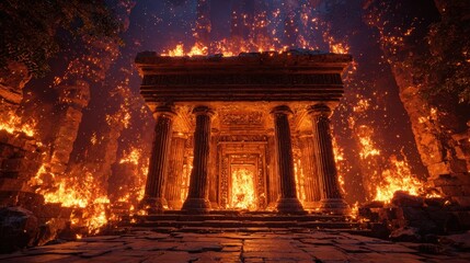 Ancient Stone Temple Burning Inferno Dramatic Fire Destruction Ruins Night