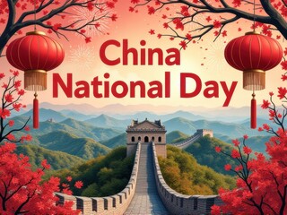 Hand-Drawn China National Day Poster with Fireworks and Lanterns
