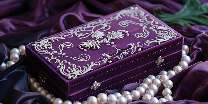 Purple jewelry box with gold floral designs, surrounded by white pearls

