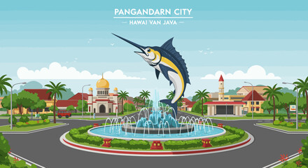 Pangandaran Landmark Skyline &ndash; Vibrant Vector Scene of West Java