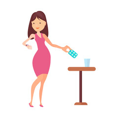 Healthcare and medication concept with woman and pills flat vectors.