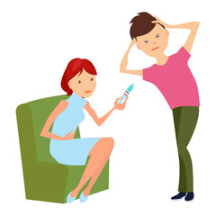 Shocked couple reacts to pregnancy test results cartoon vectors.