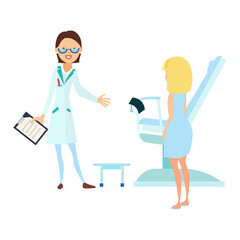 Friendly female dentist welcomes a patient, isolated vectors scene.