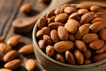 A rustic bowl overflowing with freshly harvested almonds on a wooden surface