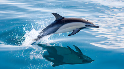 Playful Common Dolphin Leaping Gracefully Out of Tranquil Waters with Reflection Below Surface