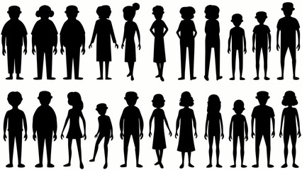 Silhouettes of diverse people standing together depicting community and unity with solid black