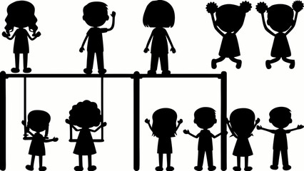 Children s Silhouettes at Play A joyful group of kids having fun at the park on swings and monkey