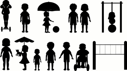 Children s silhouettes play on an inclusive playground full of joy and activity in black and white