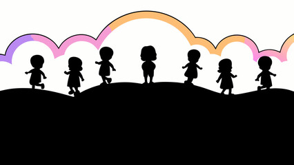 Children s silhouettes walk on a dreamy colorful hill in a playful journey A story book style with