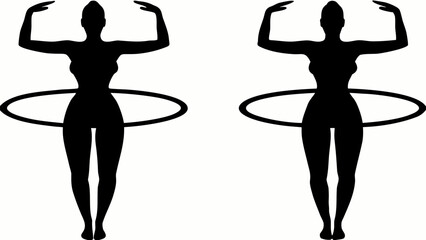 Two silhouettes of a woman gracefully spinning a hula hoop embracing fitness and dance in black on a