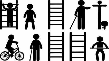 Pictogram of diverse people living actively and overcoming challenges climbing with bold simplicity