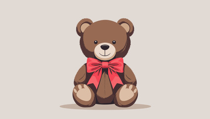 Cute cartoon teddy bear with a red bow sitting on a light gray background