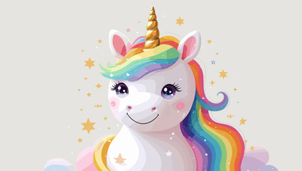 Cute cartoon unicorn with a golden horn and rainbow mane surrounded by stars on a soft pastel background