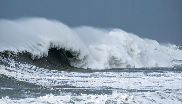 Huge crashing waves and ominous sky, apocalyptic natural disaster concept. Tsunami, catastrophic sea