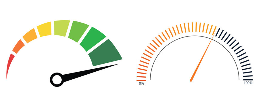 "Speedometer and Performance Gauge Icon Set &ndash; Vector Dashboard Meters with Color Indicators and Dials for Speed, Level, and Internet UI"

