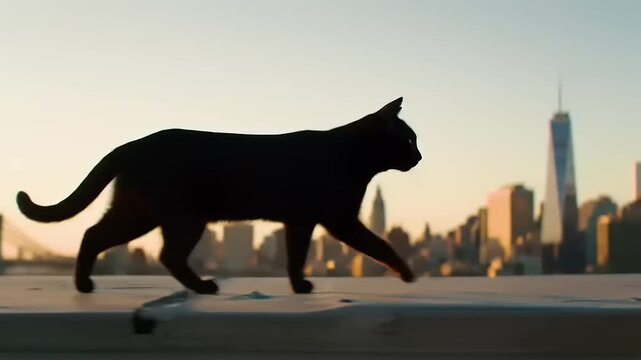 Black cat silhouette with city sunset.