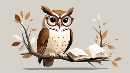 Wise cartoon owl wearing glasses, perched on a branch next to an open book with autumn leaves