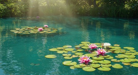 Fototapeta premium Pink lotus flowers blooming on serene pond with green lily pads in soft sunlight