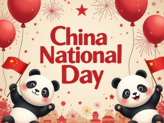Cheerful China National Day Poster with Pandas and Balloons