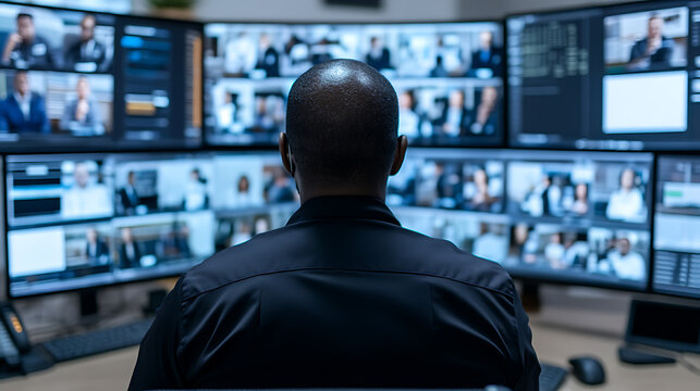 Person Viewing Multiple Monitors: A person from the back is looking at a lot of monitors, displaying various individuals in what seems to be a conference call.