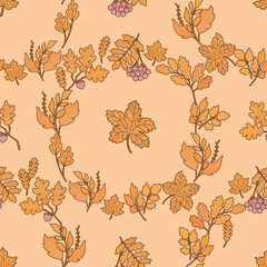 Illustration of yellow fall leaves. Autumn nature orange pattern. Folk leaf fall wallpaper.