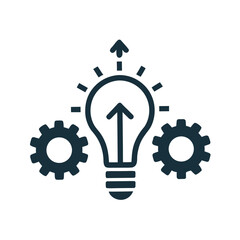 Dark blue light bulb with upward arrow and gears on white background idea lightbulb
