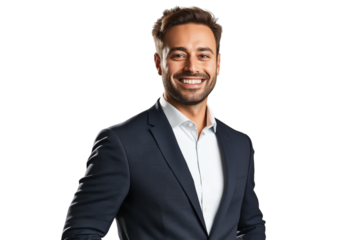 Portrait of a handsome young businessman in suit, smiling on face with glasses, isolated on transparent background