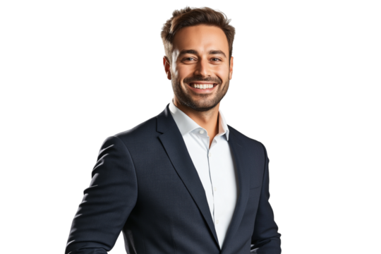 Portrait of a handsome young businessman in suit, smiling on face with glasses, isolated on transparent background