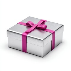 Obraz premium Elegant Silver Gift Box with Pink Ribbon Close Up Studio Shot Perfect for Holiday or Birthday Celebrations