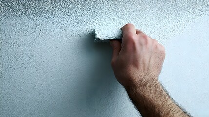 Hand holding a trowel over a textured wall.