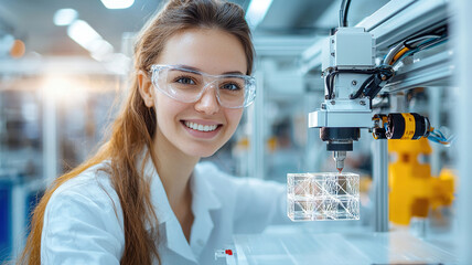 Young woman lab coat and safety glasses smiles while operating 3D printer, showcasing transparent object. environment is modern and high tech